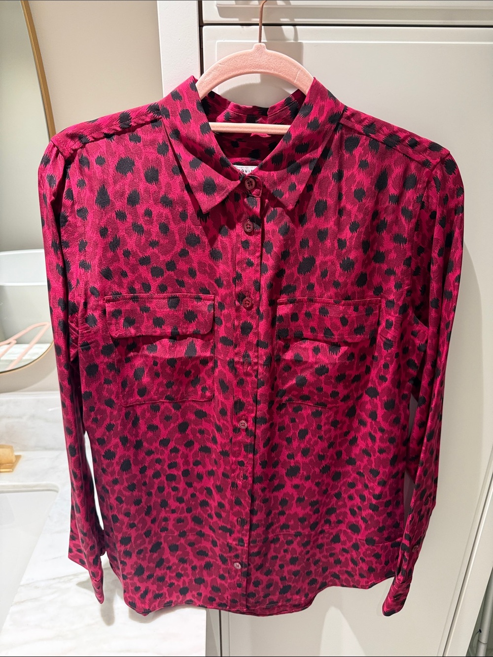 Equipment Pink and Black Leopard Print Silk Button-Up Blouse